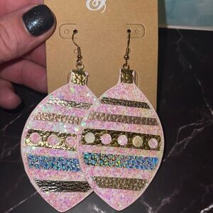 Plunder Pink Holographic Teardrop Earrings with Gold Stripes